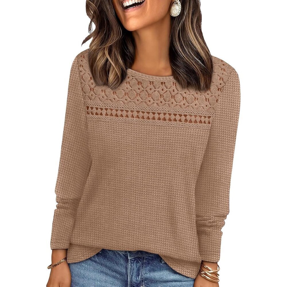 Womens Lace Long Sleeve Shirt Fall Tops Mesh Waffle Knit Casual Dressy